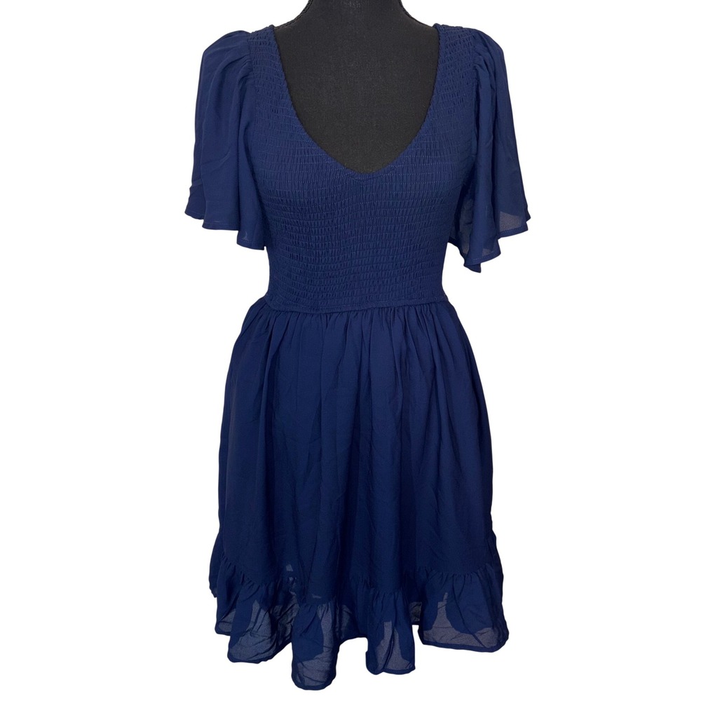 NWT Women Small Blue Boho Smocked Ruffle Mini Dress CottageCore Flutter Sleeve